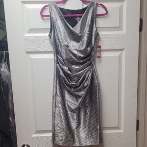 Vince Camuto Metallic Silver Draped Midi Dress